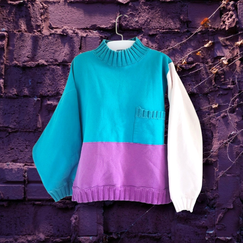 French Navy | Chunky VTG Oversized Colorblock Mock Sweater (SIZE M)